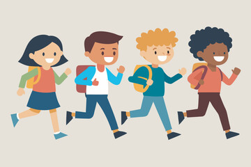 Four diverse children run happily side by side in an image, each representing a different nationality, dressed in colorful attire, showcasing energy and joy.