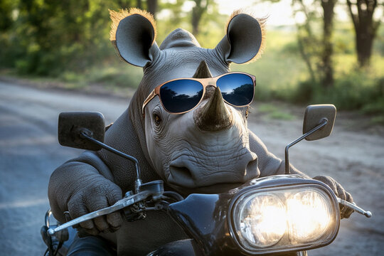 Rhinoceros wearing sunglasses rides a motorcycle on a road