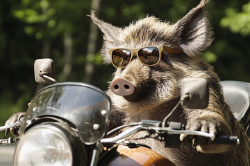Wild boar wearing sunglasses rides a motorcycle in nature