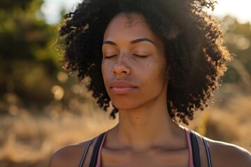 Yoga and meditation portrait featuring a woman in nature, focusing on mental health, wellness, and mindfulness for inner peace and balance