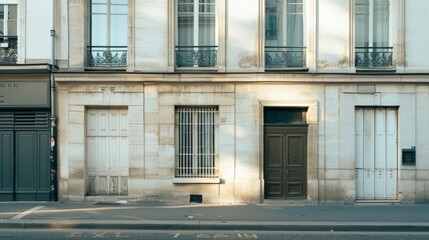 Fototapeta premium Elegant Parisian street, minimalist architecture, facing a wall with windows and doors, sunny afternoon light, peaceful atmosphere, no people visible.
