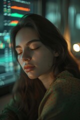 Fototapeta premium Exhausted woman experiencing stress while coding at night, with holographic digital overlays and a display screen, reflecting fatigue and discomfort at work