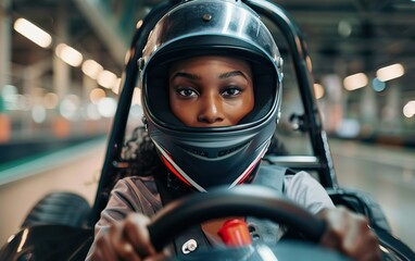 Close up portrait of black woman, go cart racer in a uniform and helmet driving a sport vehicle. Car racing on a track, drift, speed and adrenaline, motorsport concept. Blurred background, de focused.