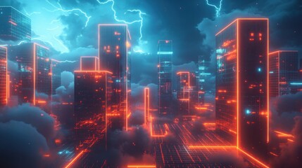 Naklejka premium Futuristic Cityscape Illuminated Neon Towers Stormy Sky