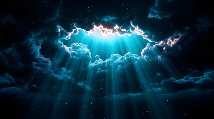 Dramatic Sky with Bright Sunlight Breaking Through Dark Clouds and Rays of Light Shining Down into the Atmosphere
