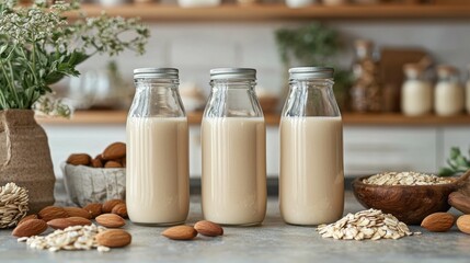Three glass bottles filled with creamy almond milk are displayed against a neutral background, accompanied by almonds and oats. Healthy ingredients suggest a sustainable lifestyle.