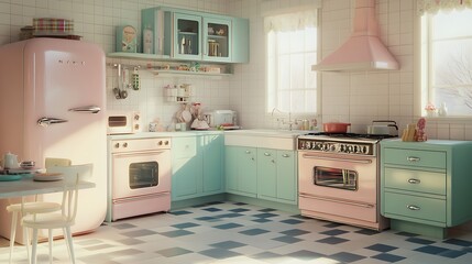 Pastel pink and teal retro kitchen with checkered floor, sunlight streaming through window.