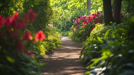 A Beautiful Pathway Surrounded by Vibrant Flowers and Lush Greenery in a Peaceful Garden