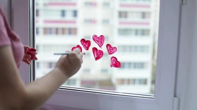 Woman's hand close with paintbrush painting on the window pink hearts. St. Valentine day concept