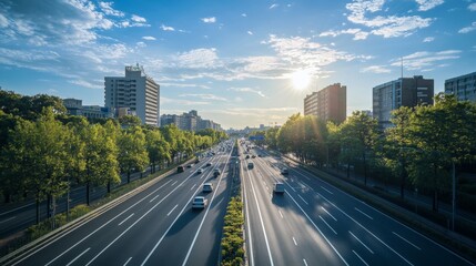 Fototapeta premium Stunning cityscape at sunset with busy roads and lush green trees lining the streets, a perfect blend of urban and nature.