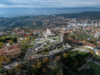 Fototapeta premium Aerial view of the Watch Tower of Kruja castle, showcasing historical architecture. Albania