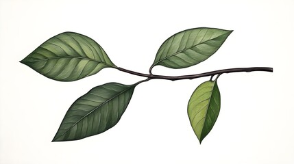 Detailed Illustration of Green Leaves on Branch, Displaying Varied Shapes and Textures for Nature Artwork