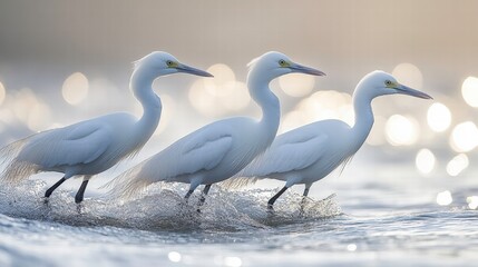 Obraz premium Trio of Elegant White Birds Walking Through Shimmering Water with Soft Bokeh Background, Capturing the Beauty of Nature in a Serene Setting