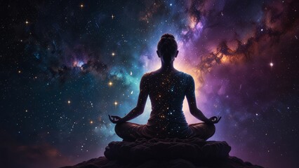 A meditating figure in space surrounded