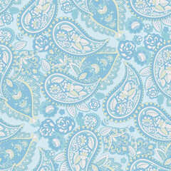 Paisley vector seamless design featuring stunning flowers and leaves in a batik-inspired style. Vintage backdrop