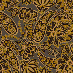 Turkish Cucumber Paisley seamless vector pattern in traditional Oriental style. Decorated with flowers, leaves, and fantasy elements, for fabric, textile and wallpaper covers