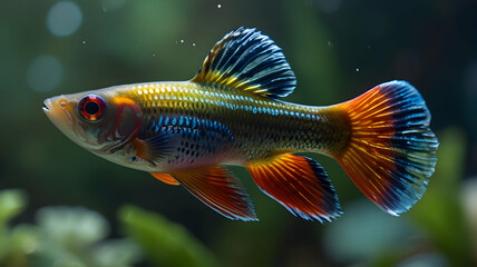 Fototapeta premium Spectacular Close-Up of a Sparkling Rainbowfish in its Aquatic Habitat, Vibrant Colors and Detailed Fins