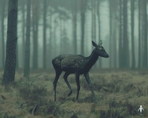 A graceful deer dashes through a snowy forest, capturing the beauty of winter wilderness