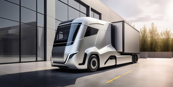 Futuristic electric truck charges battery. Green mobility and sustainability environment concept. - Powered by Adobe