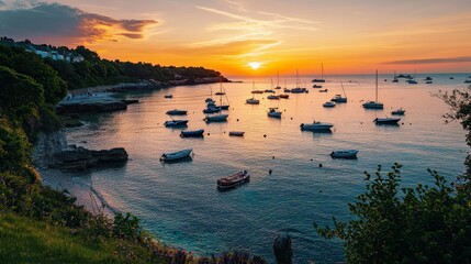 Naklejka premium Beautiful sunset over calm waters with sailing boats and peaceful shore. A serene evening by the seaside for relaxation and enjoyment.