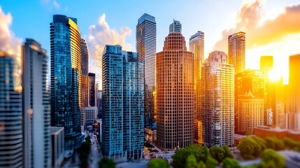 Obraz premium Urban Skyline at Sunset with Vibrant Colors and City Life Details