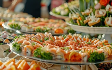 Fototapeta premium Elevated sophisticated catering poster. Lavish table is covered with variety of premium food, including gourmet meat, vegetables, fruit, bespoke appetizers on blurred background, defocused.