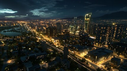 Obraz premium Aerial View of a Modern Cityscape at Night (16K Resolution)