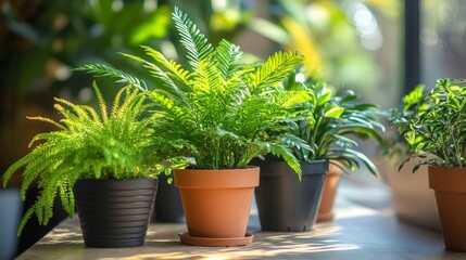 Lush Green Indoor Plants in Terracotta and Black Pots