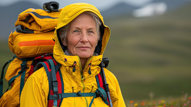 An adventurous senior woman wearing a yellow hooded hiking jacket and carrying a large yellow backpack, standing confidently in a natural outdoor landscape.

