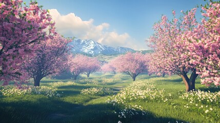 Sunlit path through blossoming cherry trees and meadow towards snowy mountains.