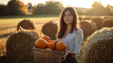 A young woman holds a basket of fresh pumpkins in an autumn field. Golden light enhances the harvest atmosphere and surrounding hay bales.