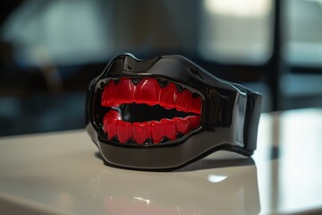 A striking black and red design highlighting a futuristic mouthpiece. This unique accessory combines art and purpose in an innovative way. Ideal for vlogs and videos. Generative AI