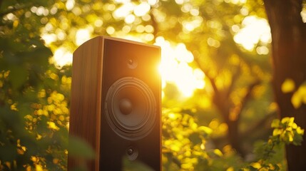 Wooden Speaker in Golden Sunlight Outdoors
