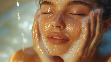 Close-up of a young woman washing her face with foaming cleanser, hands framing her glowing wet skin, bright light reflecting on water droplets, emphasizing freshness and skincare