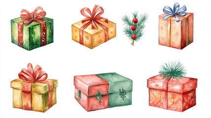 Watercolor vector hand painted set of Gift boxes,Christmas gift presents,gifts for celebration,Template, elements for greeting cards, invitation, poster, celebration, banner,sale shopping holiday.