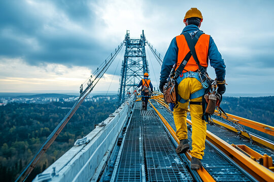 Engineers in safety harnesses walking on bridge structure