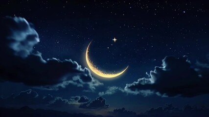 Crescent moon and star on panoramic dark blue twilight sky for ramadan kareem, eid mubarak, eid al-adha, eid al-fitr, and islamic new year background, 4k High-Quality Wallpaper Background Animation