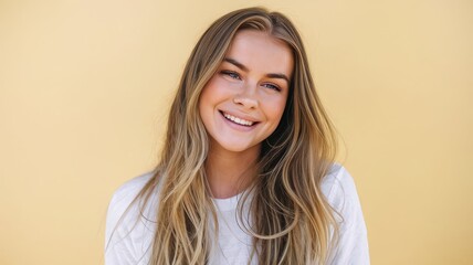 Obraz premium Smiling Young Woman with Long Hair Against Yellow Background. A cheerful young woman with long, flowing hair smiles brightly, radiating positivity against a vibrant yellow backdrop.