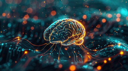 Glowing digital brain exchanging vast amounts of data within a futuristic network, illustrating the cutting edge processes of artificial intelligence, big data, and deep learning