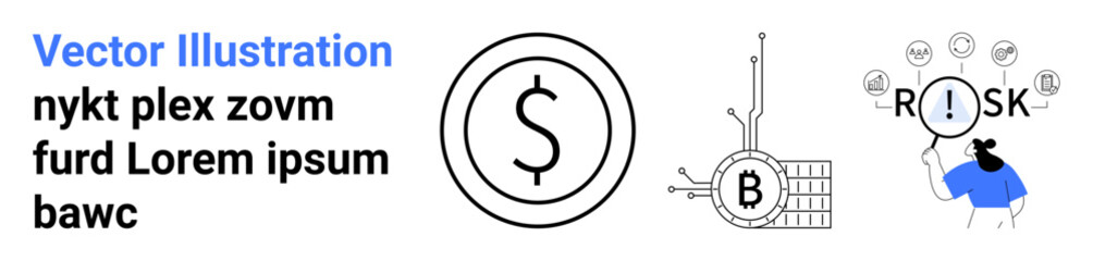 Dollar sign, bitcoin symbol with circuit and grid, person magnifying glass text RISK. Ideal for finance, cryptocurrency, investment, risk management, economic analysis, financial planning. Landing