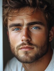 Obraz premium Handsome man with captivating blue eyes gazing thoughtfully at the camera indoors