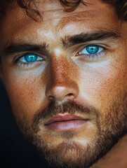 Handsome man with striking blue eyes posing for a close-up in natural light
