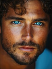 Obraz premium Handsome man with striking blue eyes and a captivating expression in natural light