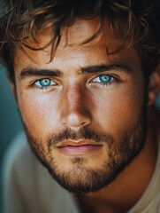 Fototapeta premium Handsome man with striking blue eyes poses in soft natural light showcasing his features