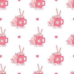 Seamless pattern with pink Axolotl with cup festive hot cocoa with marshmallows