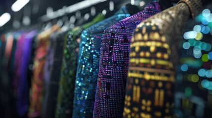 Multiple sequined jackets with various vibrant patterns are hanging on a rack in a fashion store, showcasing a trendy and glamorous selection for customers