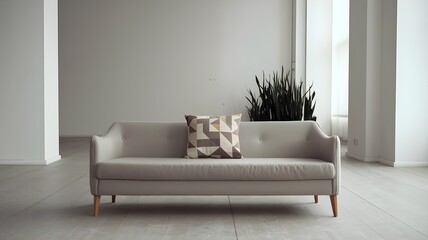 A plain sofa with a geometric patterned cushion in a spacious room