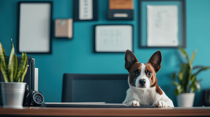 pet parent care safety. Home office with pet dog on desk, showcasing cozy workspace