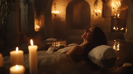 Obraz premium Woman relaxing in a candlelit bath.