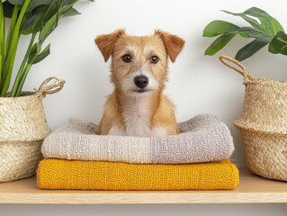 pet parent care safety. Cozy dog resting on colorful blankets with plants nearby